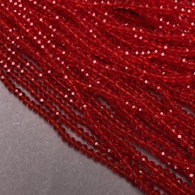 Намистини Чеський Кришталь на волосіні червоне прозоре гранований рондель, діаметр 3,5х3мм + -, довжина 36-38см + -