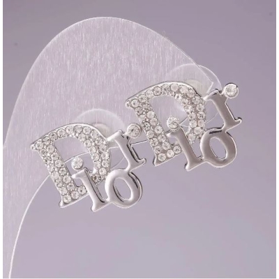 Сережки-пусети Dior з білими стразами, метал під срібло, 2см