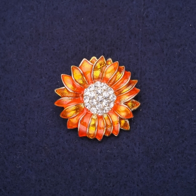 Брошка Квітка стрази емаль колір помаранчевий 29мм золотистий метал