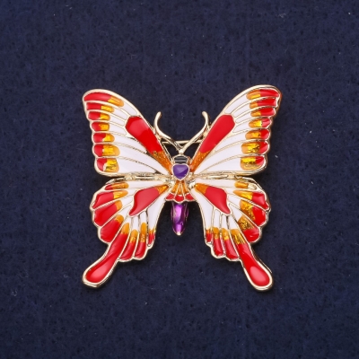 Брошка Метелик емаль колір червоний білий помаранчевий фіолетовий 36х37мм жовтий метал