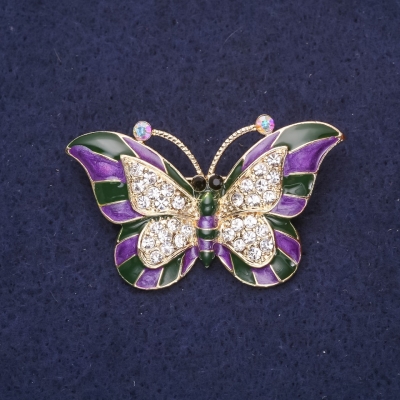 Брошка Метелик фіолетова емаль білі стрази 45х28мм жовтий метал