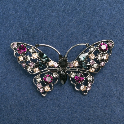 Брошка метелик різнокольорові стрази, сріблястий метал 70х39