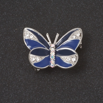 Брошка Метелик синя емаль білі стрази колір металу "срібло" 2,7 см
