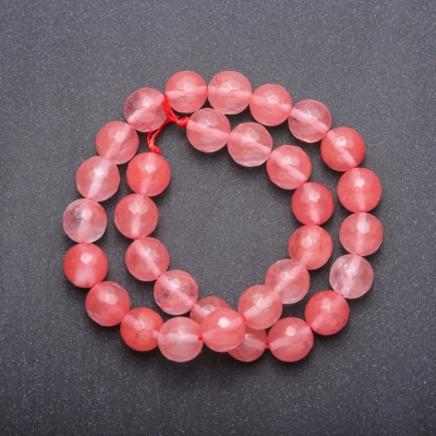 Намистини натуральний камінь Халцедон рожевий на нитці гранована кулька, діаметр 12 (+ -) мм, довжина 37см