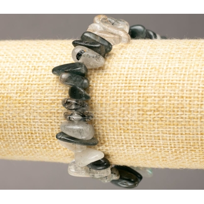 Браслет з натурального каменю Рутиловий Кварц Волосатик крихта "голка" на резинці d 11-19х2-8(+-)мм, довжина 18см