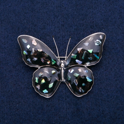 Брошка Метелик Халіотіс і чорна емаль, сріблястий метал 40х55мм