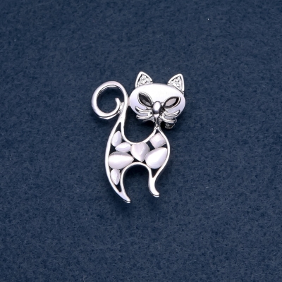 Брошка "Котик" білий Котяче око колір металу "срібло" 30х45мм