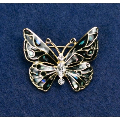Брошка "Метелик" з білими стразами, темно-сіра емаль з халіотісом, золотий колір металу 37х32мм