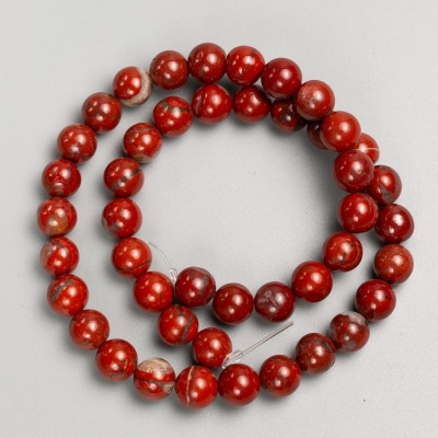 Намистини на волосіні натуральний камінь червона Яшма, діаметр 8,5мм+-, довжина 37см+-
