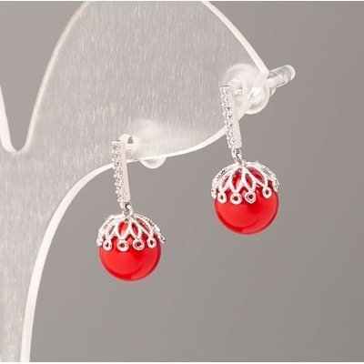 Сережки Xuping з червоними перлами "Майорка", діаметр 8мм "родій"