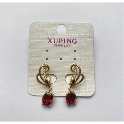Сережки Xuping з червоним каменем та білими стразами, діаметр 7мм, довжина 3 см+- Позолота 18К