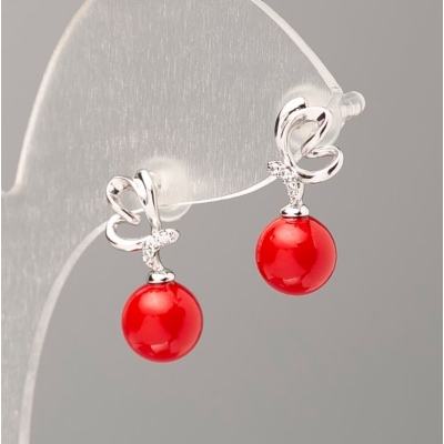 Сережки Xuping з червоними перлами "Майорка" та білими стразами, діаметр 8мм "родій"