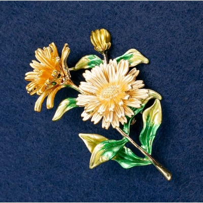 Брошка-кулон Квітки Маргаритки емаль, золотистий метал 63х50мм