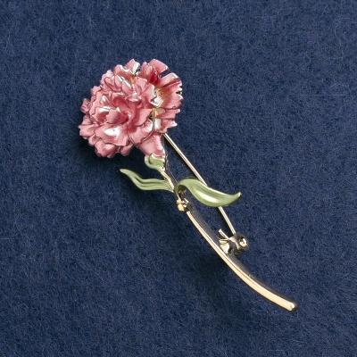 Брошка Квітка Гвоздика емаль рожева, золотистий метал 59х24мм