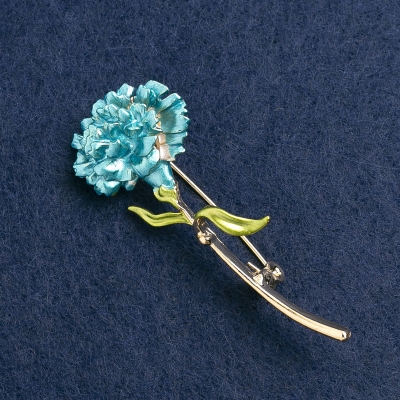 Брошка Квітка Гвоздика емаль блакитна, золотистий метал 59х24мм