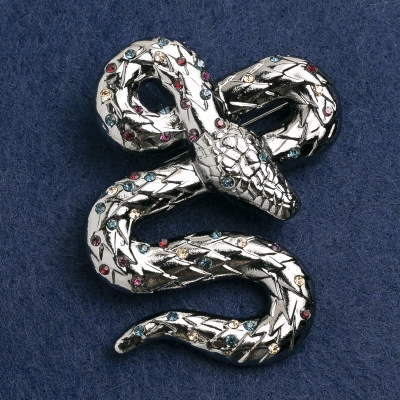 Брошка Змія з різнокольоровими стразами, темно-срібний метал 57х50мм