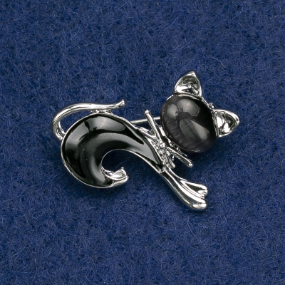 Брошка Котик акрил та котяче око, чорний колір, срібний метал 26х23мм