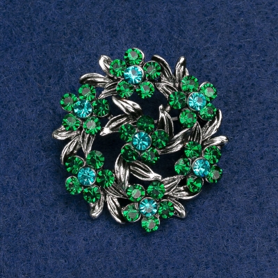 Брошка Квіти з зеленими стразами, темно-срібний метал 36х36мм