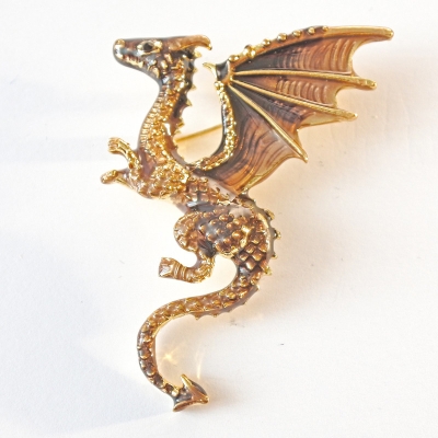 Брошка Дракон золотиста та коричнева емаль, золотистий метал 42х66мм