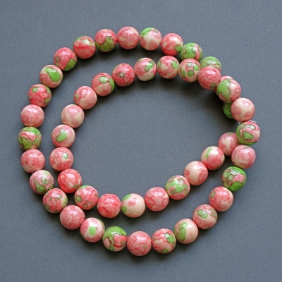Намистини "Варисцит" (іміт. акрил) рожеві,білі та зелені гладка кулька, діаметр 10мм+-, довжина 40см +- на волосіні