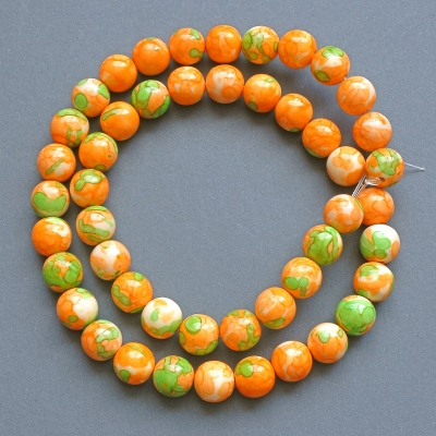 Намистини "Варисцит" (іміт. акрил) зелені,помаранчеві та білі гладка кулька, діаметр 8,5мм+-, довжина 39см +- на волосіні