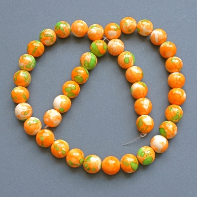 Намистини "Варисцит" (іміт. акрил) зелені,помаранчеві та білі гладка кулька, діаметр 10мм+-, довжина 39см +- на волосіні