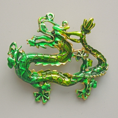 Брошка кулон Дракон зелена емаль, золотистий метал 47х41мм