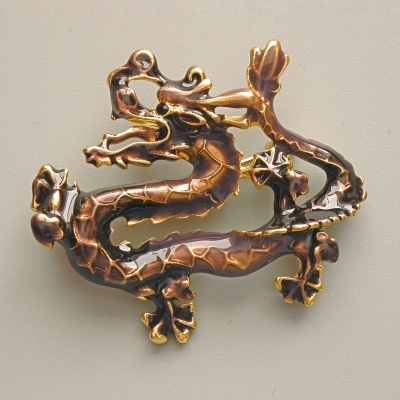 Брошка кулон Дракон коричнева емаль, золотистий метал 47х41мм