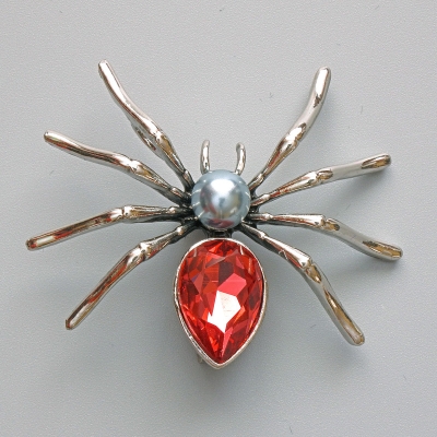 Брошка кулон Павук червоний кристал, сіра намистина, сріблястий метал 45х39мм