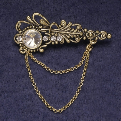 Брошка Акцент білі стрази та кристал, золотистий метал 55х22мм