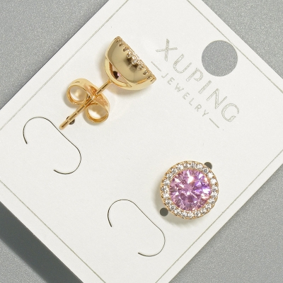 Сережки пусети Xuping з рожевим кристалом та білими стразами, кругла оправа, діаметр 9,5мм позолота