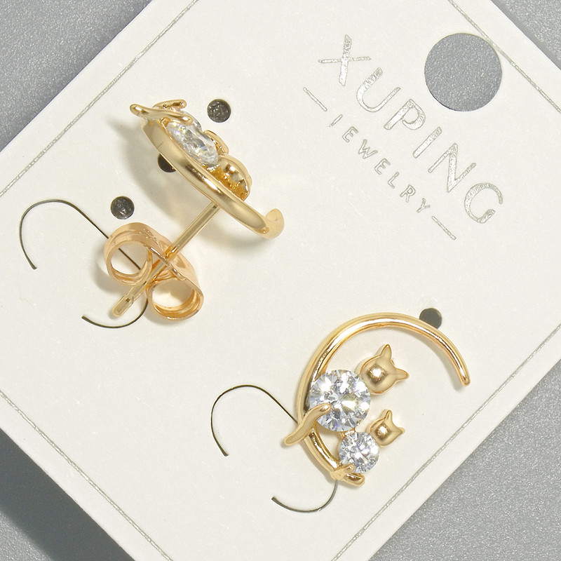 Earrings 'Cats' Xuping with white crystals, 18K gold plating, 10x14 mm diameter
