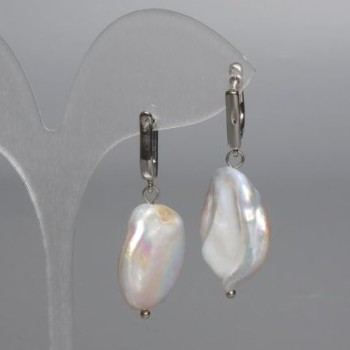 Baroque Earrings with Pearl with Petrol Indigo Hue, 18mm Ø, 38mm Length, English Jump Ring