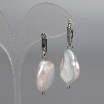 Baroque Earrings with Pearl with Petrol Indigo Hue, 18mm Ø, 38mm Length, English Jump Ring