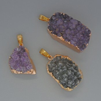 Amethyst Pendant Druze Geode in Golden Setting, 19x27mm assorted diameter+, length 35mm+