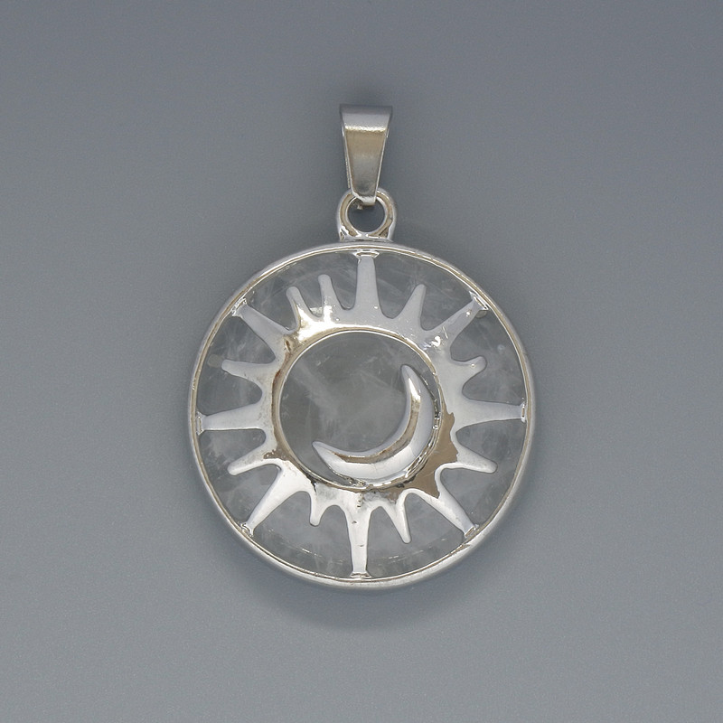 Pendant Sun Mountain Crystals, diameter 27mm ±, length 37mm ± in a silvered setting