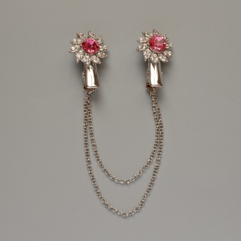 Brooch for Cardigans Flower with White Rhinestones, Pink Crystals, Silver Metal 18x25mm, 10 cm Chain