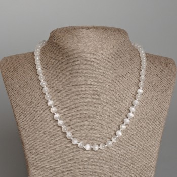 Cat's Eye Necklace White Smooth Beads, 6.5mm diameter, length 48cm ±