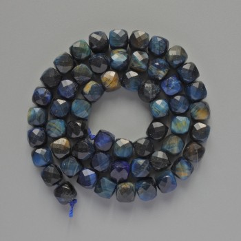 Blue Tiger Eye Beads - faceted cube-shaped natural stone, diameter 7mm, length 39in on a thread