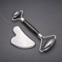 Massage Set with Hematite Roller and Gua Sha, natural stone, length ~14 cm, silver metal