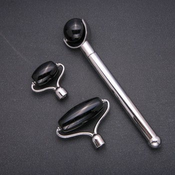 Agate Massager set with 3 attachments in silver metal