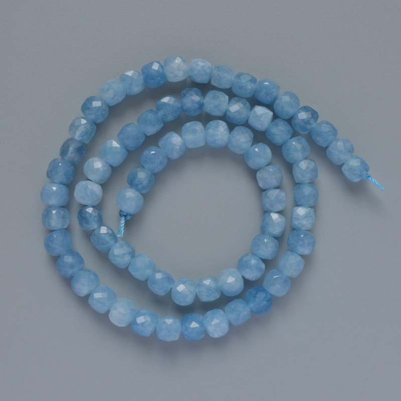 Aquamarine Beads Natural Stone Faceted Cube, diameter 5.5mm±, length 38cm± on thread