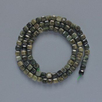 Green Tourmaline Beads, natural stone, faceted cube, diameter 4 mm±, thread length 39 cm±