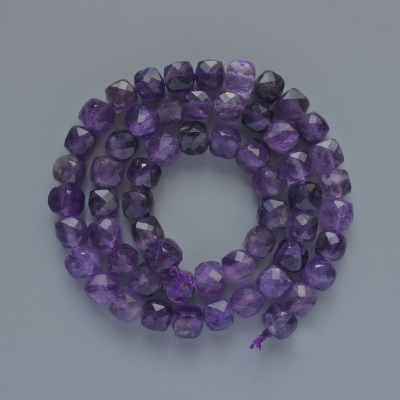 Amethyst Beads natural stone Faceted cube, diameter 7mm±, length 38cm± on a thread