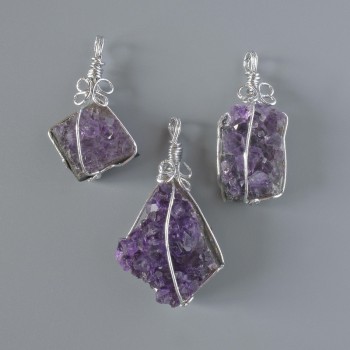 Amethyst Druzy Pendant in Silvered Setting, Natural Stone, Assorted Sizes from 16x38mm to 28x44mm+
