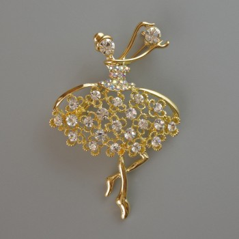 Brooch 'Ballerina' with white and pink rhinestones, golden metal 39x54mm