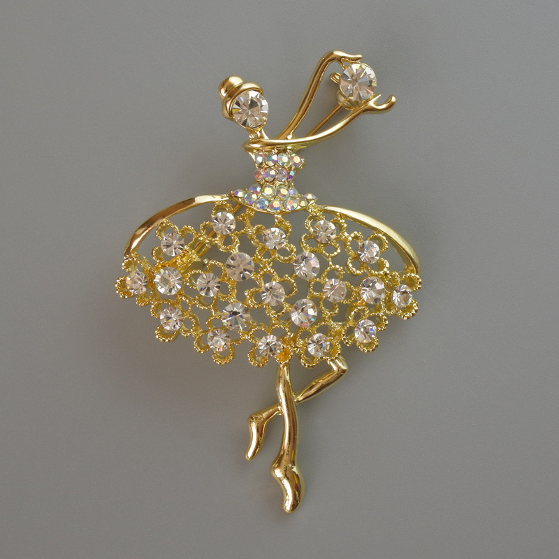 Brooch 'Ballerina' with white and pink rhinestones, golden metal 39x54mm