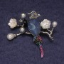 Brooch Pendant Parrot Blue Crystal, Colored Rhinestones and Beads, Silver Metal 50x48mm