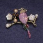 Brooch Pendant Parrot pink crystal, colored rhinestones and beads, golden metal 50x48mm