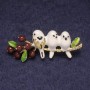 Birds on a Branch Brooch - white with brown enamel, gold-toned metal 21x55mm